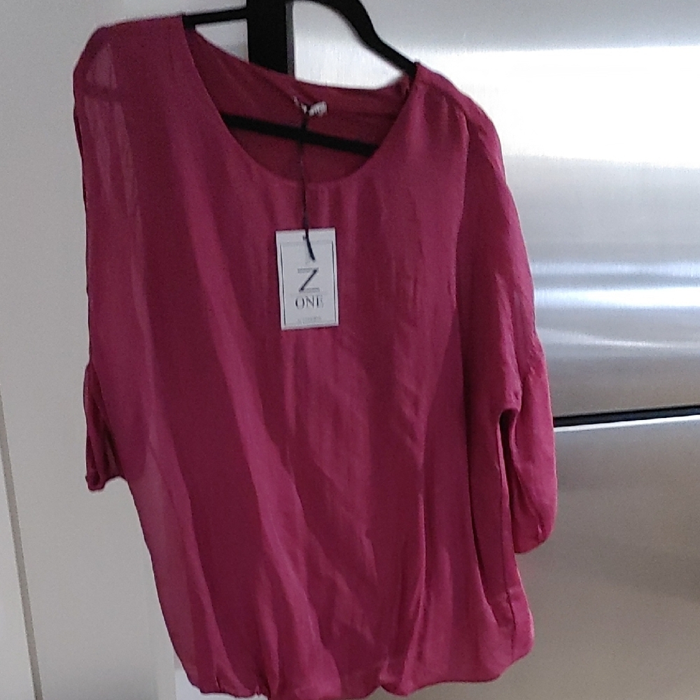 Pink Boxy Blouse with Relaxed Fit and Three-Quarter Sleeves